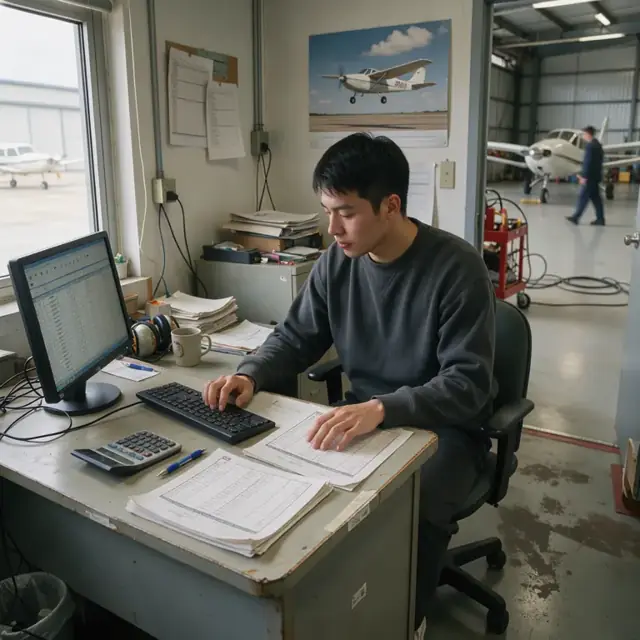 a person at a desk entering flight hours from paper log sheets into a computer with an aircraft poster on the wall