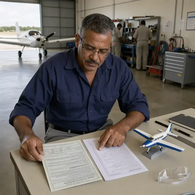 a person at a desk reviewing a medical certificate and syllabus checklist next to a model aircraft