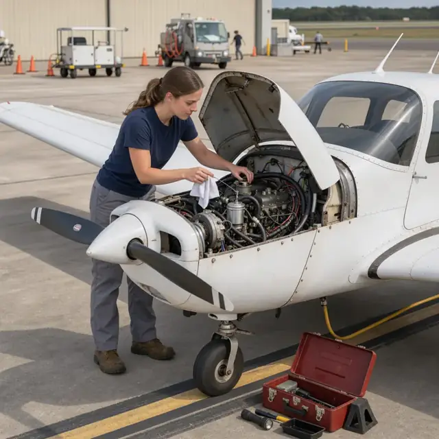a person performing a preflight inspection on a small training aircraft with its cowling open on the ramp