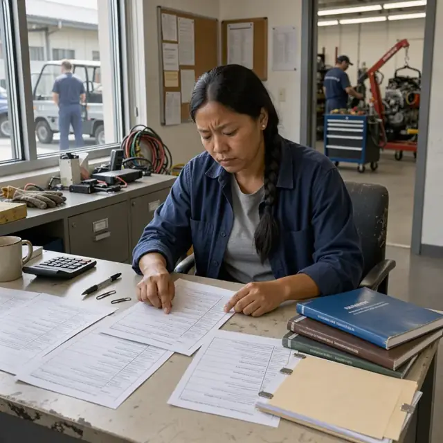 a program coordinator reviewing printed apprenticeship applications spread across a desk next to a stack of trade manuals and enrollment folders