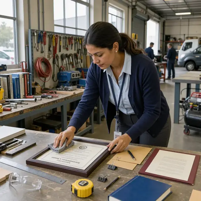 a program coordinator preparing a framed certificate and apprenticeship completion folder on a desk with tools and textbooks in the background