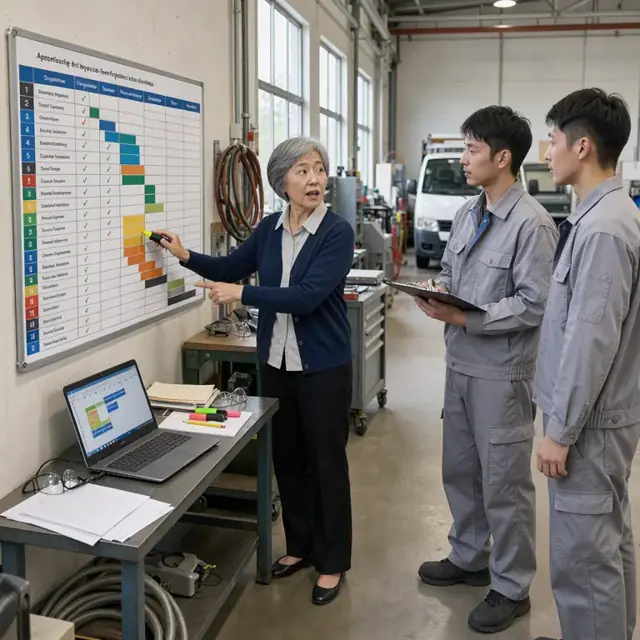 a coordinator highlighting sections on a large wall chart showing apprenticeship competencies and timelines next to a laptop displaying a training plan