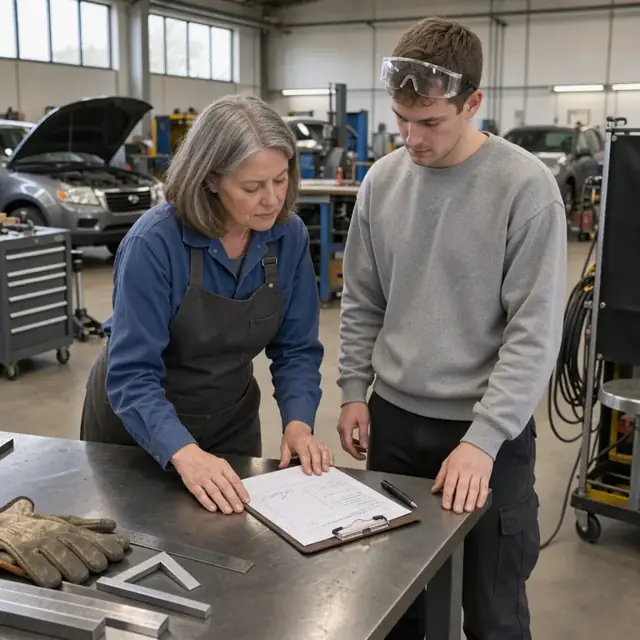 an instructor in a shop apron reviewing a student's signed practical evaluation sheet at a metal work table with a clipboard and pen