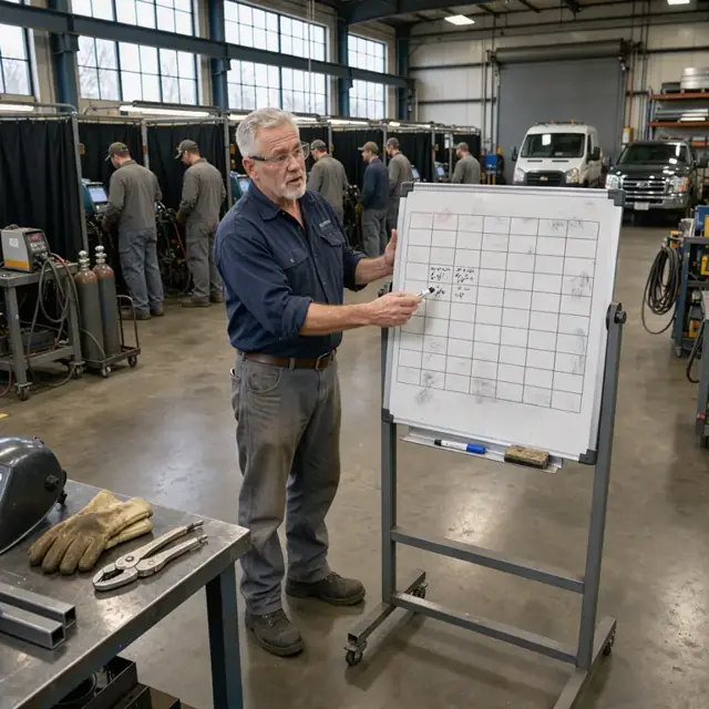 an instructor standing at a large whiteboard in a shop filling in a weekly class schedule grid beside rows of welding booths