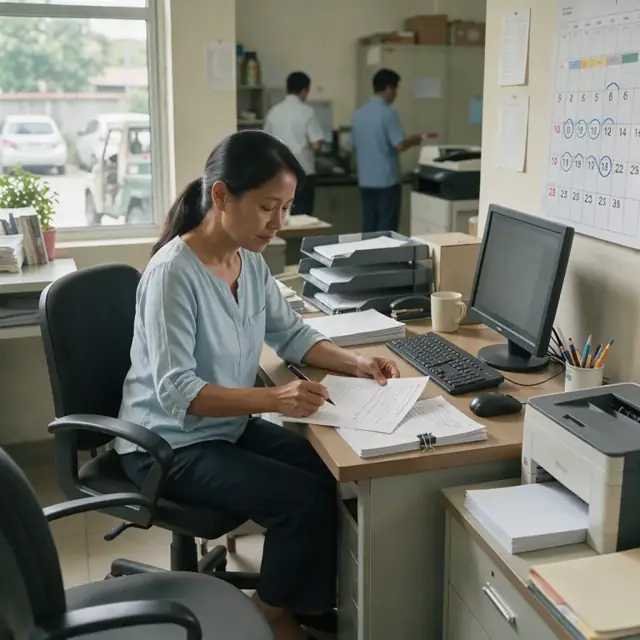 an administrator at a desk reviewing language assessment forms next to a wall calendar showing upcoming term start dates
