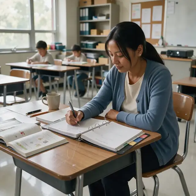 a teacher seated at a classroom desk writing notes in a student progress binder beside open language textbooks