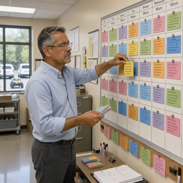 an administrator arranging color-coded class schedule cards on a large wall planner showing multiple languages and daily time blocks