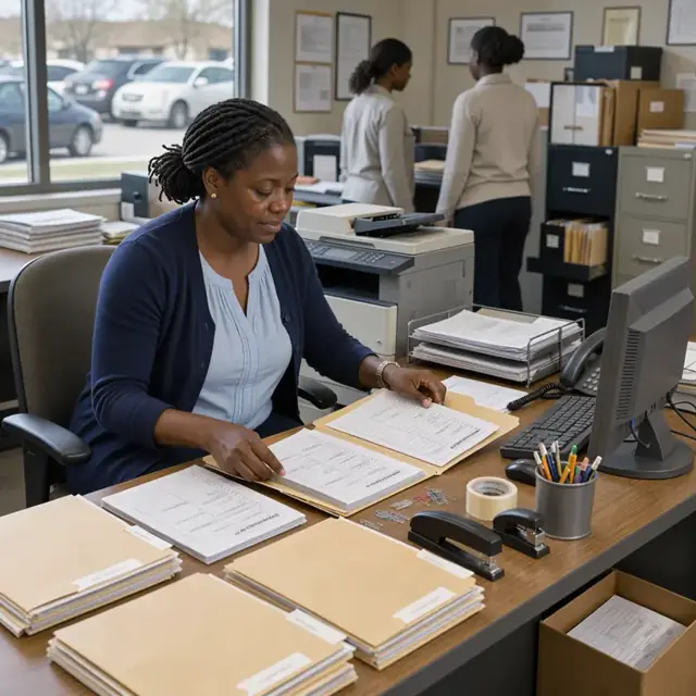 an administrator at a desk assembling student record folders containing progress reports and attendance logs