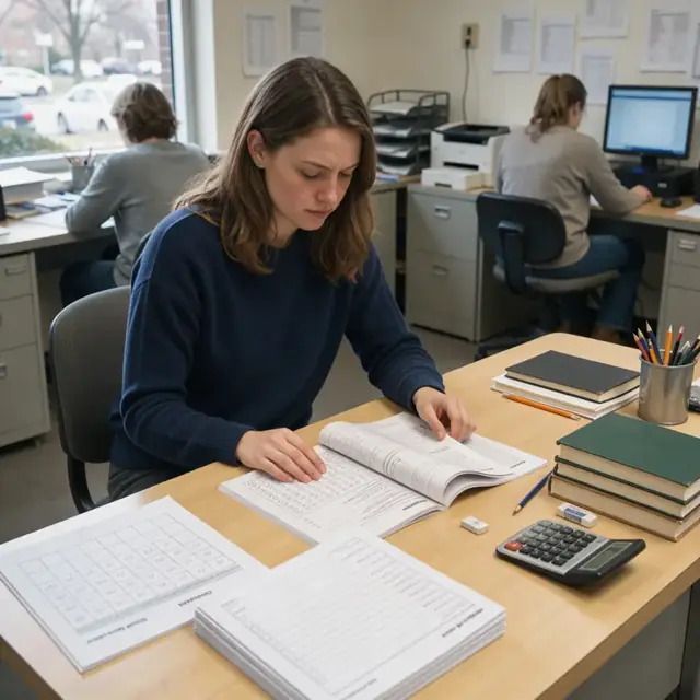 a desk with printed diagnostic test booklets, a student calendar, blank enrollment forms and a stack of subject reference books