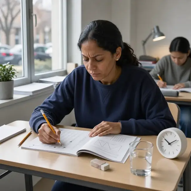 a quiet desk with a student taking a timed practice exam using a visible clock, answer sheet and test booklet