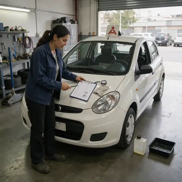 a training vehicle with learner signage parked in a service bay while a clipboard checklist of fluid levels and tire wear sits on the hood
