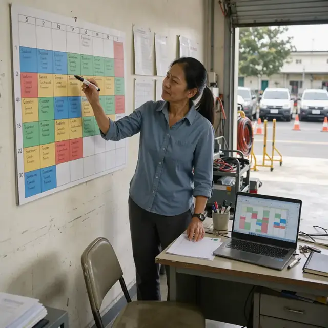a large wall calendar covered with color-coded class blocks and instructor names next to a laptop displaying an availability grid