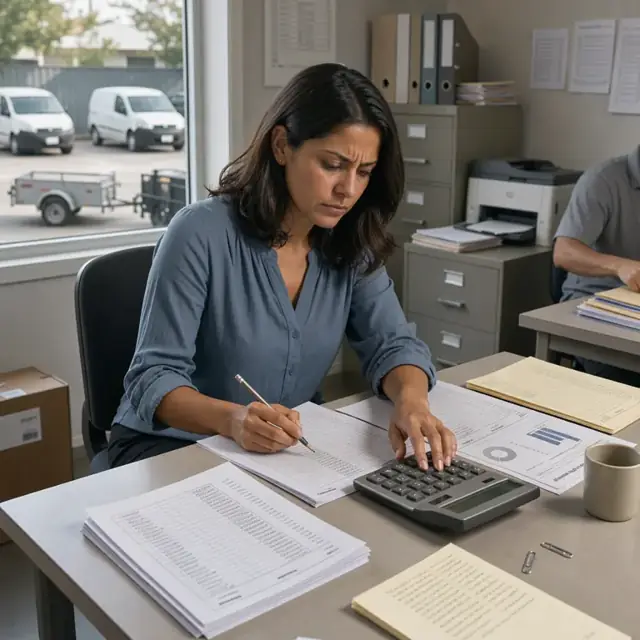 a workspace with invoice printouts, payment ledger sheets and a calculator next to enrollment summary reports