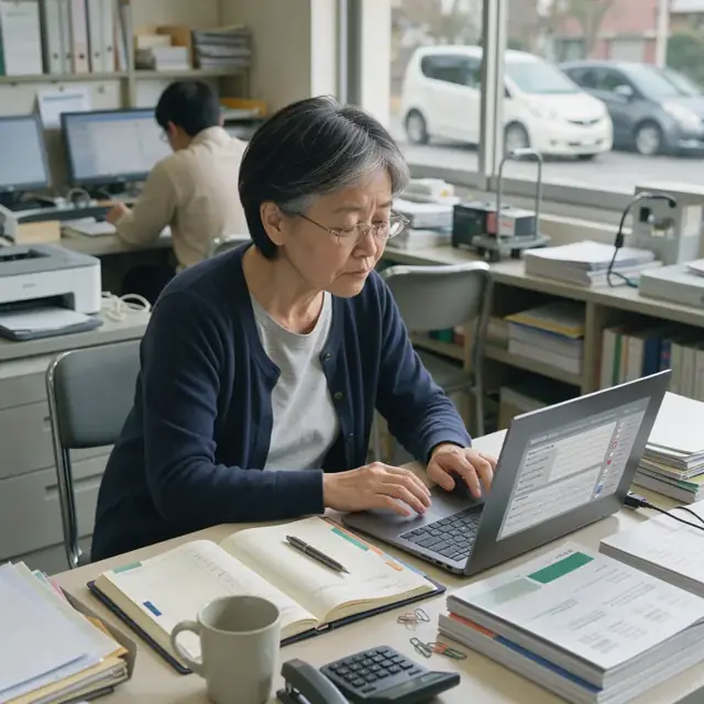 a workspace desk with open planner, laptop displaying student inquiry forms and stacks of curriculum catalogs