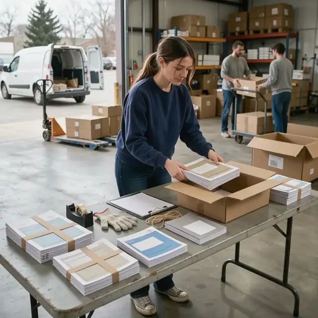 a table covered with stacks of workbooks, practice test booklets and shipping boxes ready for distribution