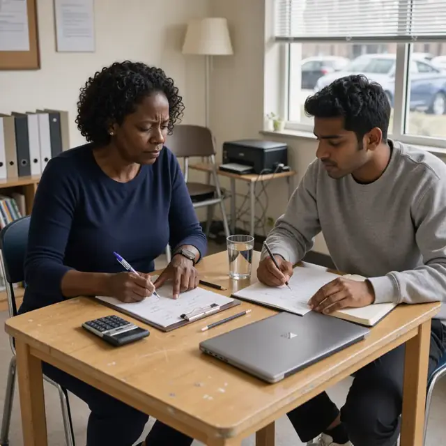 an instructor seated at a table with a student reviewing worksheets while taking notes on a clipboard in a quiet study room
