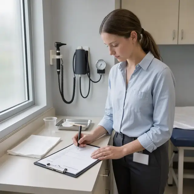 a clipboard holding a blank progress note form placed on an exam room counter beside a wall-mounted otoscope and blood pressure cuff