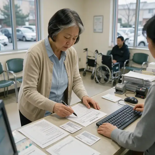 a front desk counter with intake paperwork, insurance card copies and a stack of blank patient forms beside a keyboard