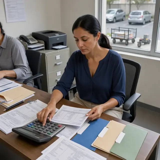 a billing desk with insurance explanation of benefits forms, a calculator and organized claim folders