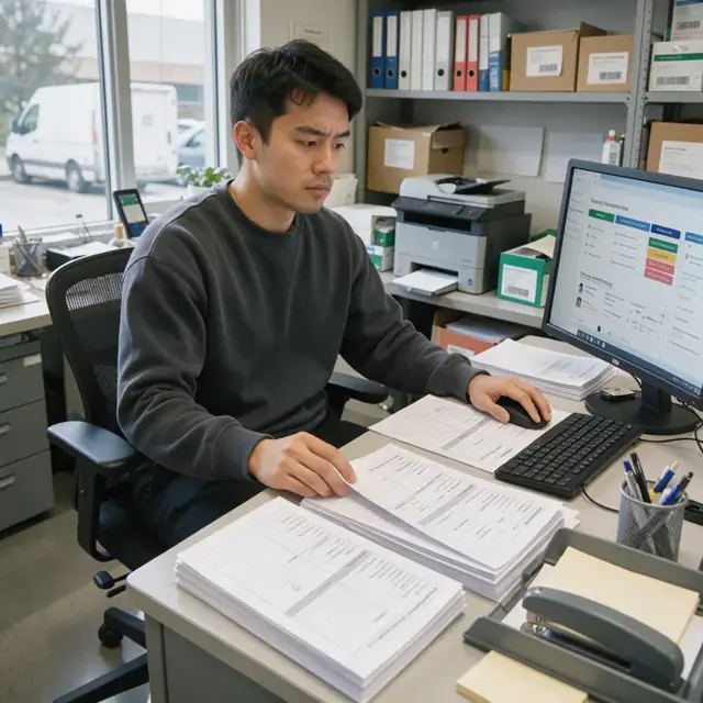 an office workspace with stacks of referral forms, order sheets and a computer screen showing a pharmacy communication portal