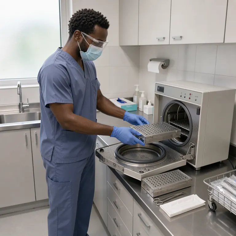 a dental assistant in scrubs and gloves loading instrument cassettes into an autoclave in a sterilization room