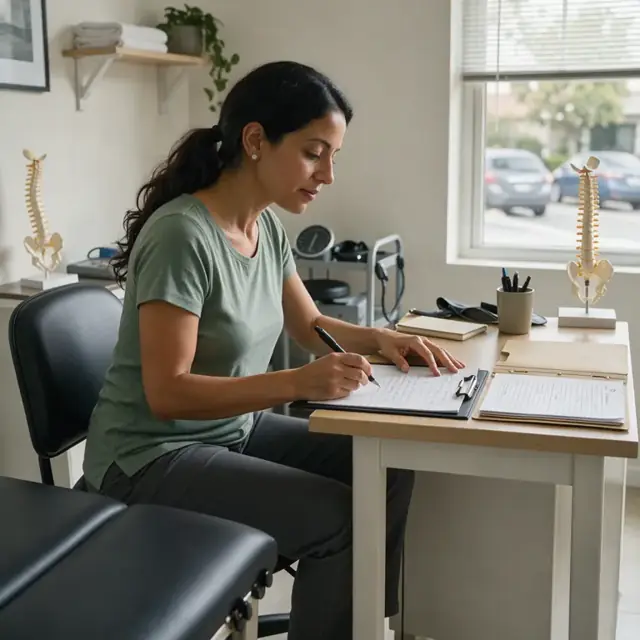 a chiropractor seated at a small desk writing observations on a clipboard next to an open patient file folder