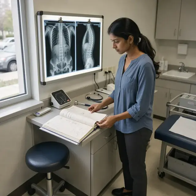 a wall-mounted light box in an exam room displaying spinal X-ray films beside an open patient chart on the counter
