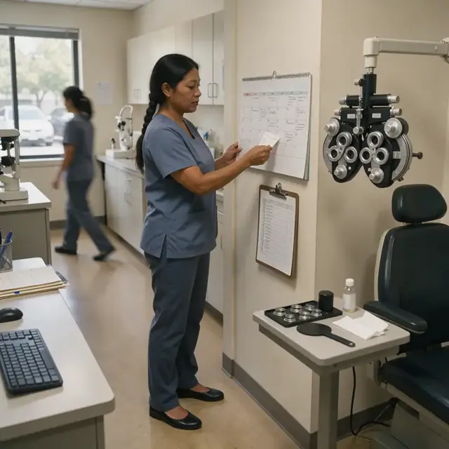 a staff member updating a wall calendar and clipboard checklist beside a phoropter and other eye-exam equipment in a quiet office
