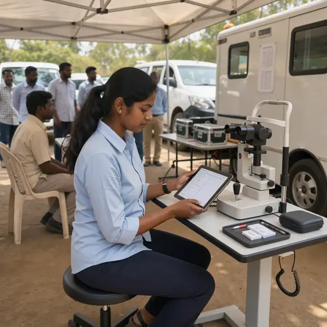 a technician reviewing a tablet displaying patient history forms at a pre-testing station beside an autorefractor
