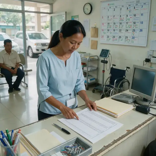 a staff member reviewing a printed recall list at a reception counter with a wall calendar showing upcoming patient appointments
