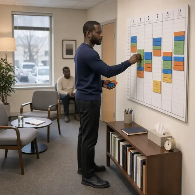 a wall calendar in a therapy office with color-coded blocks showing weekly client sessions and practitioner availability