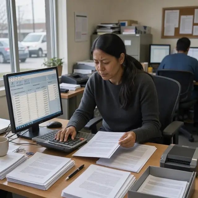 a workspace desk with a computer monitor displaying billing software, stacks of explanation of benefits documents and a calculator
