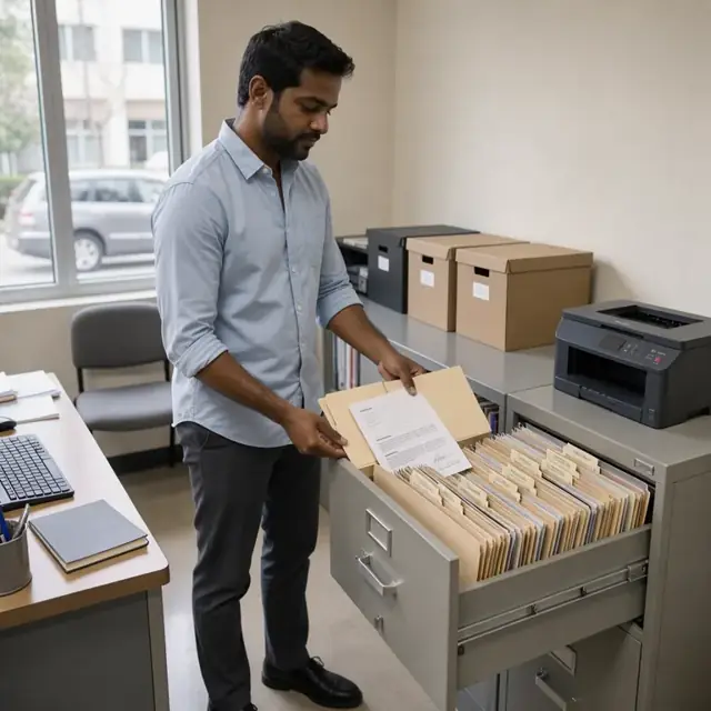 a practitioner standing at a filing cabinet placing a signed consent form into a labeled client folder in a quiet office
