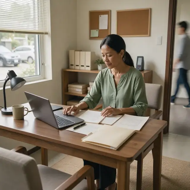 a practitioner seated at a desk reviewing handwritten session notes before typing into a laptop computer in a softly lit office