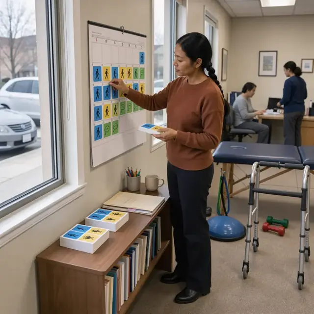 a wall calendar in a therapy office covered with color-coded appointment stickers for physical, occupational and speech sessions