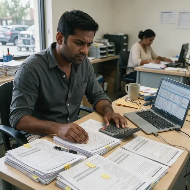 a desk with stacks of insurance explanation of benefits forms, a calculator and a laptop open to a billing software screen