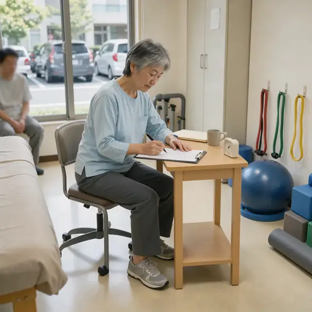 a therapist sitting at a desk writing treatment notes on a clipboard beside a therapy ball and resistance bands