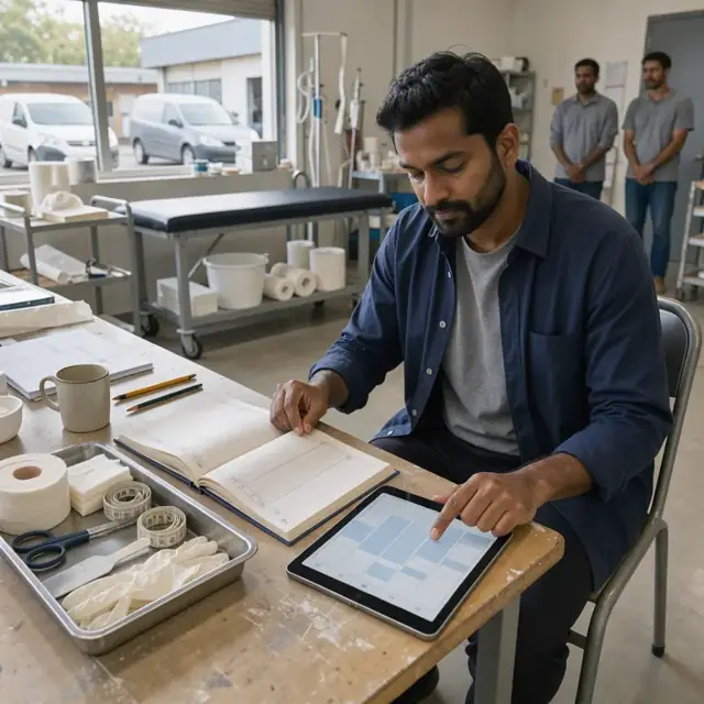 a scheduling book open on a desk beside a tray of casting materials and a digital tablet showing open appointment slots