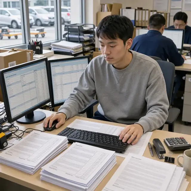 a desk with dual monitors displaying billing forms, stacks of explanation of benefits documents and a keyboard