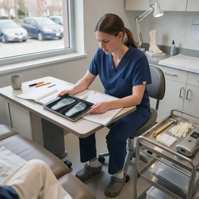 a podiatrist seated at an exam room desk reviewing a tablet with foot x-ray images and handwritten notes beside an open medical chart