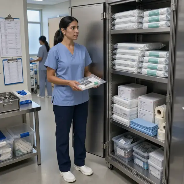 a stainless steel supply cabinet open with shelves of sterile kits, boxes of dressings and a wall clipboard showing sterilization cycle logs