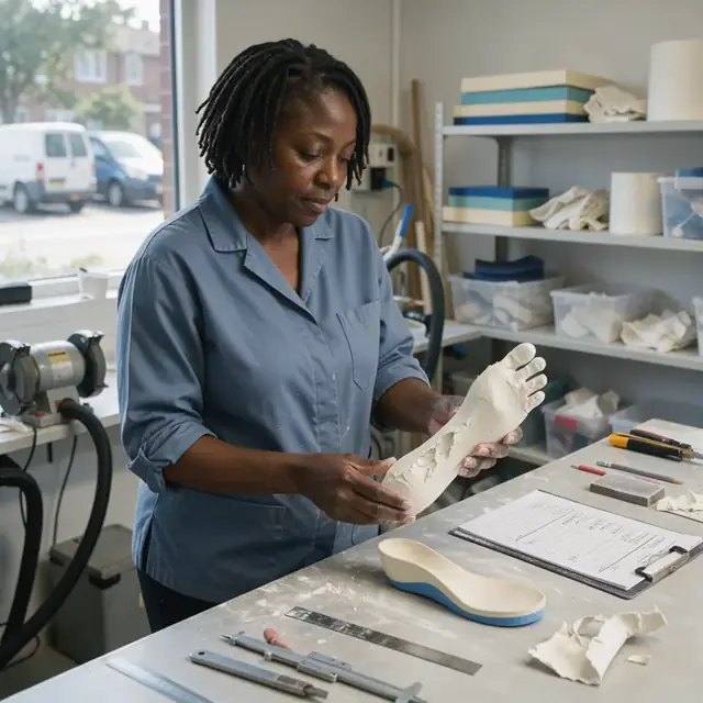 a podiatrist holding a raw plaster foot cast next to a finished custom orthotic insert on a clean work counter with lab order forms