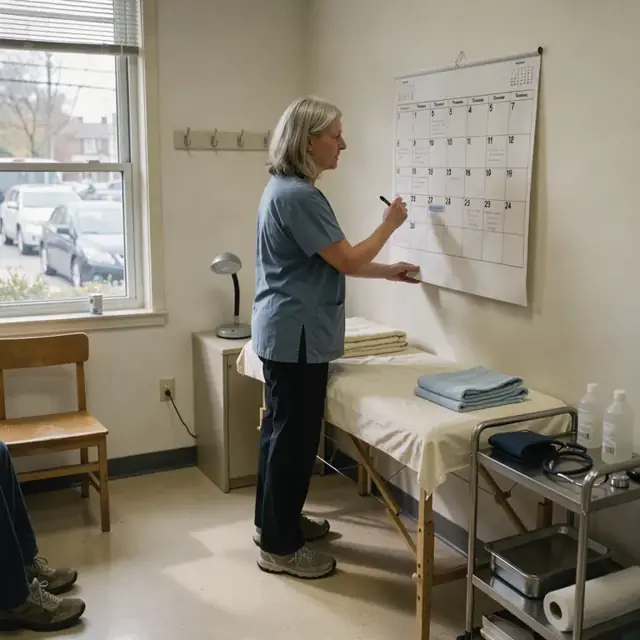 a practitioner standing at a wall calendar marking appointment times next to a treatment table with folded linens