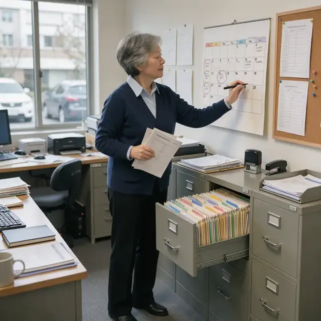 a practitioner updating a wall calendar with license renewal dates beside a filing cabinet in a professional office