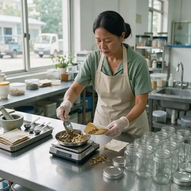 a practitioner measuring dried herbs on a digital scale beside rows of empty glass jars in a well-lit compounding area