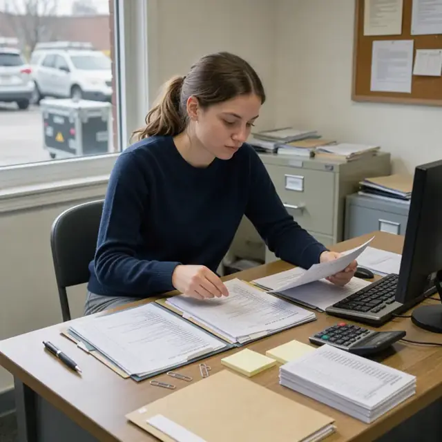 a desk with printed encounter notes, code reference sheets and a stack of claim forms ready for review