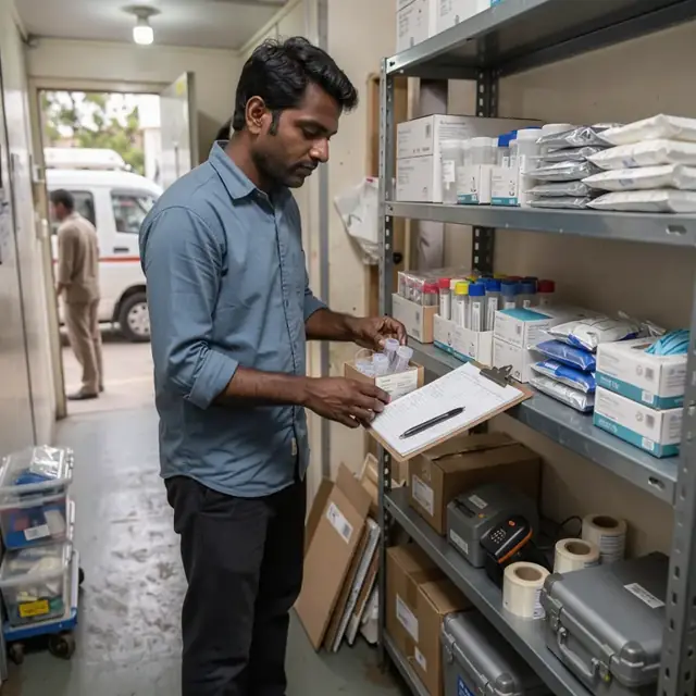 a storage closet shelf holding boxes of specimen kits, contraceptive supplies and sterile gloves next to an open inventory log clipboard