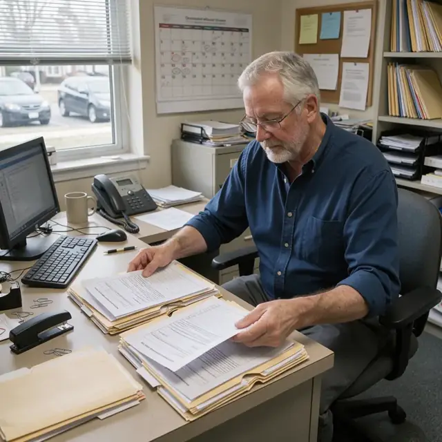 a case manager at a desk organizing printed referral forms and release documents into client folders beside a wall calendar marked with team meeting dates