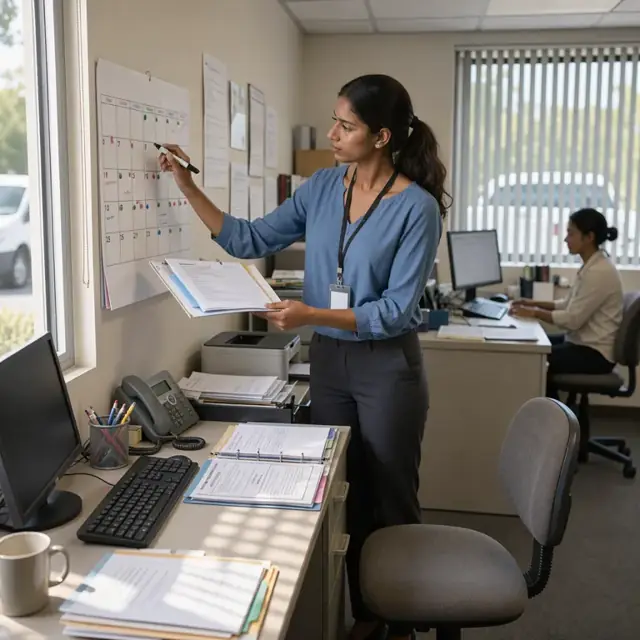 a staff member updating a wall calendar and binder of credentialing documents at a desk in an administrative office