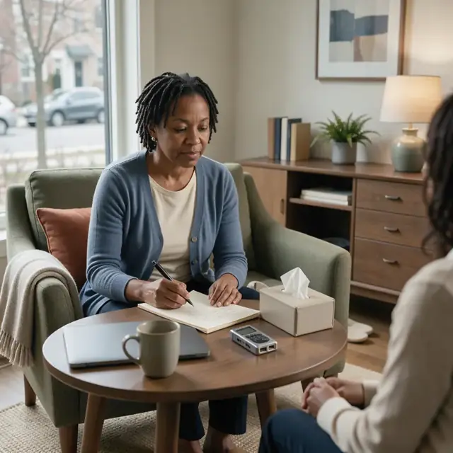 a therapist writing session notes at a small table beside a comfortable armchair in a softly lit counseling office